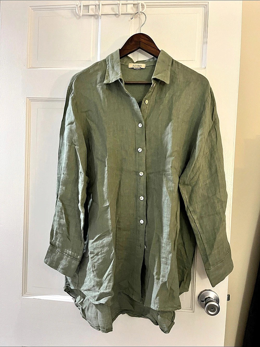 Astrid Italian Linen Button Down Shirt in Green XL Like New